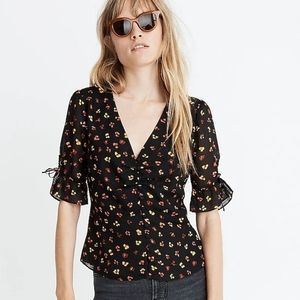 MADEWELL Silk Daylight Tie-Sleeve Top Black Floral Ruffle Sz 6